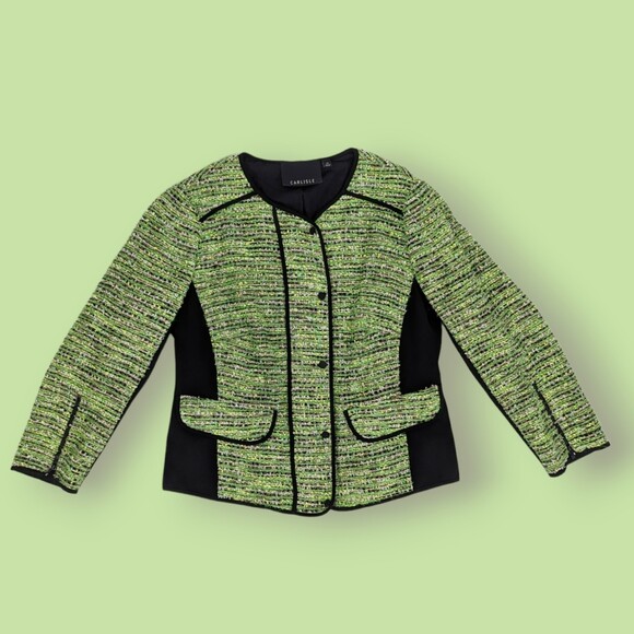 Carlisle Blazer Jacket 10 Boucle Tweed Green Black‎ Trim - Picture 3 of 5